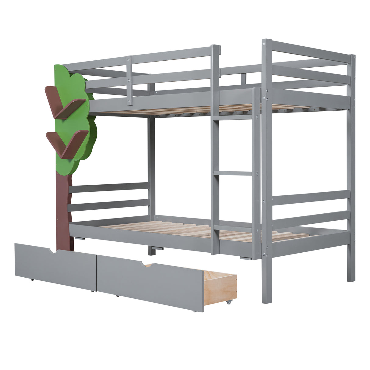 Twin-Over-Twin Bunk Bed with  a Tree Decor and Two Storage Drawers, Gray - Home Elegance USA