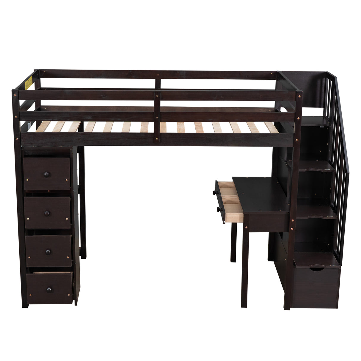 Twin size Loft Bed with Storage Drawers ,Desk and Stairs, Wooden Loft Bed with Shelves - Espresso - Home Elegance USA