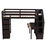 Twin size Loft Bed with Storage Drawers ,Desk and Stairs, Wooden Loft Bed with Shelves - Espresso - Home Elegance USA