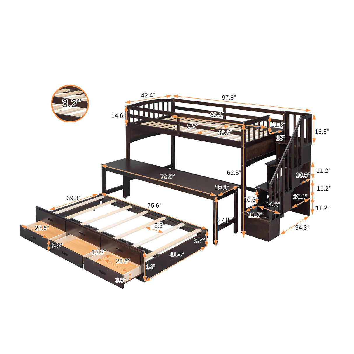 Stairway Twin XL Loft Bed with Twin Size Trundle and 3 Drawers, Storage, Desk, Espresso - Home Elegance USA