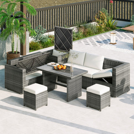 TOPMAX Outdoor 6-Piece All Weather PE Rattan Sofa Set, Garden Patio Wicker Sectional Furniture Set with Adjustable Seat, Storage Box, Removable Covers and Tempered Glass Top Table, Beige - Home Elegance USA