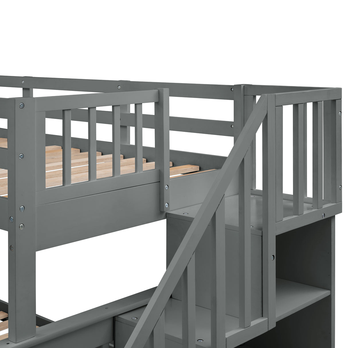 Stairway Twin-Over-Full Bunk Bed with Storage and Guard Rail for Bedroom, Gray color(OLD SKU :LP000019AAE) - Home Elegance USA