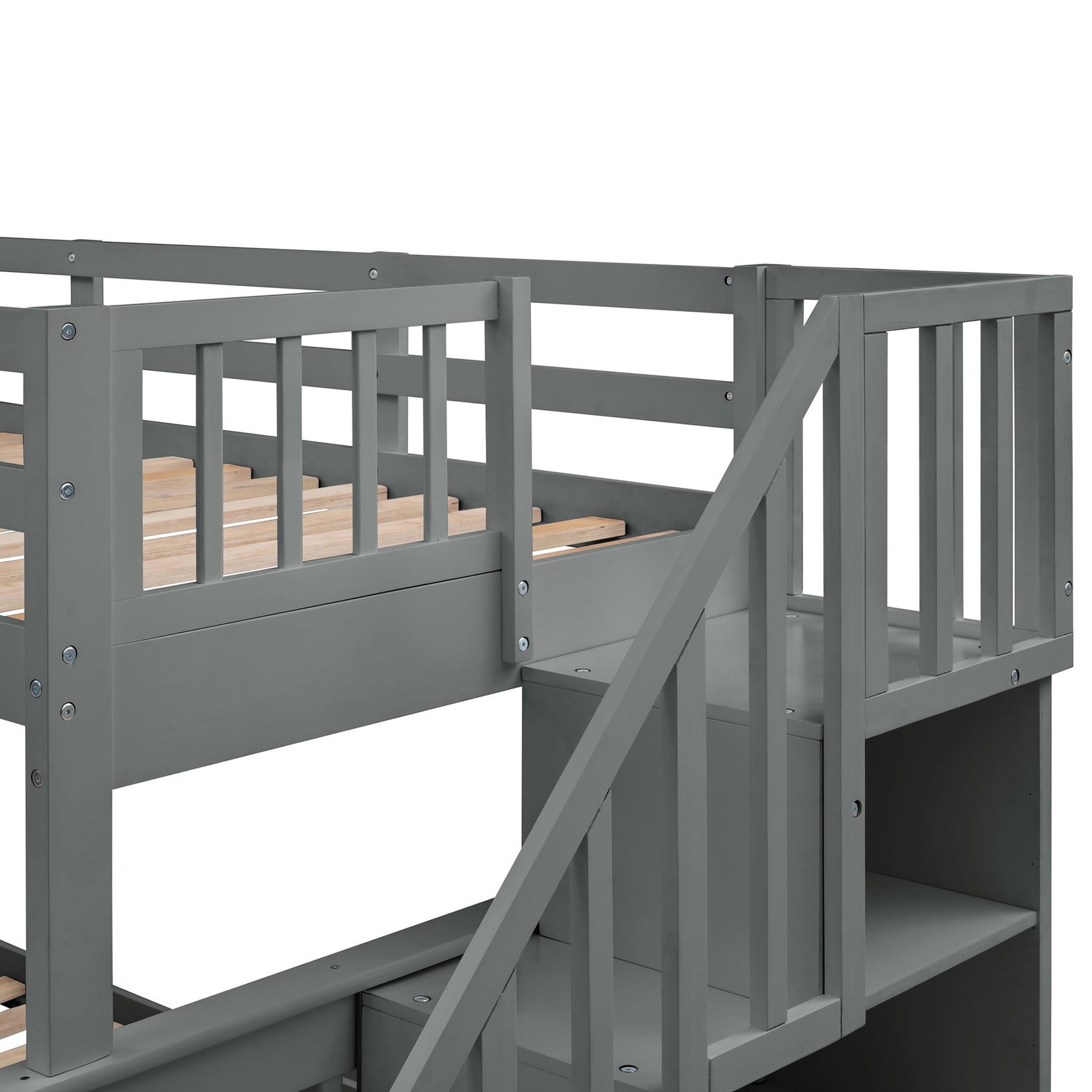 Stairway Twin-Over-Full Bunk Bed with Storage and Guard Rail for Bedroom, Gray color(OLD SKU :LP000019AAE) - Home Elegance USA