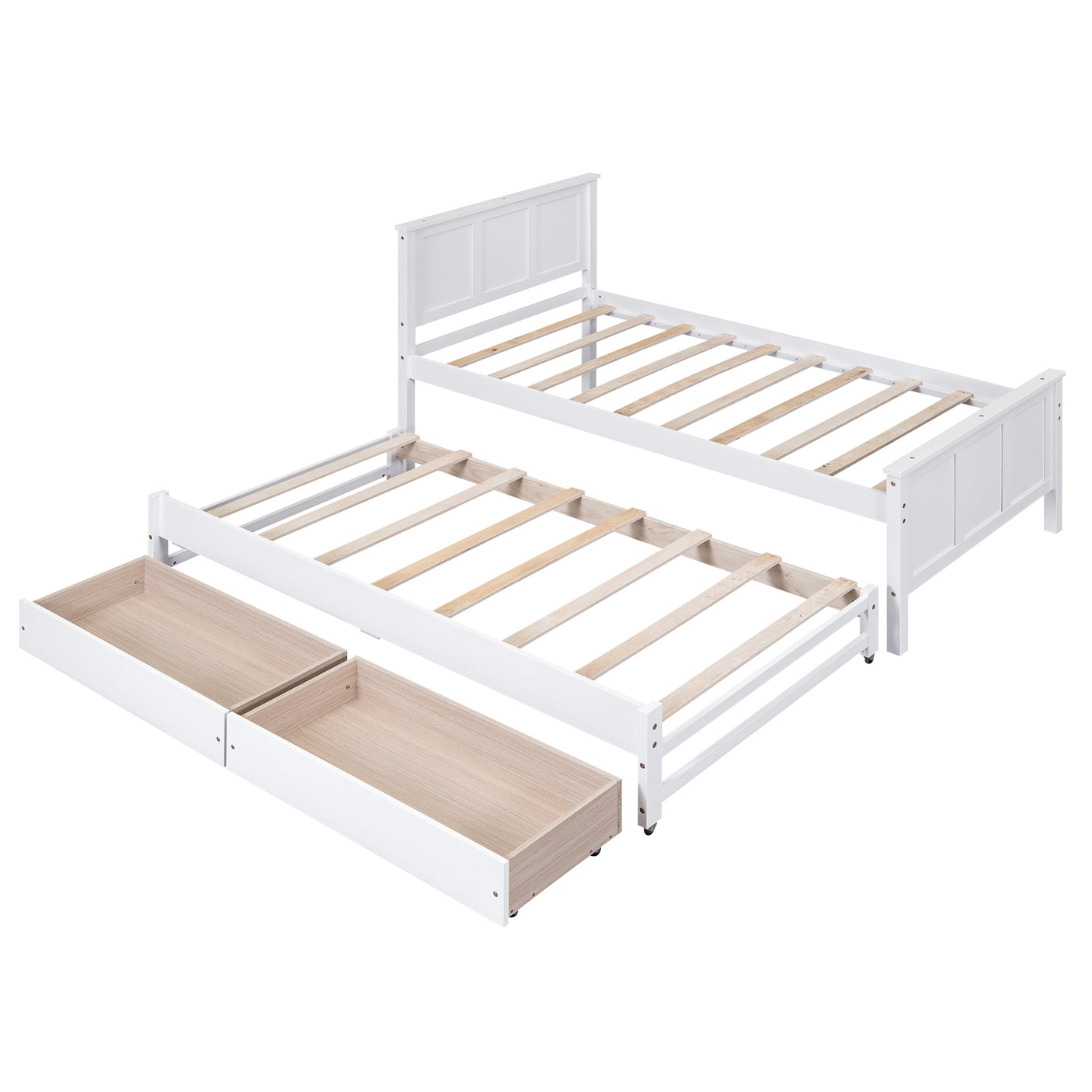 Twin Size Platform Bed with Trundle and Drawers, White - Home Elegance USA
