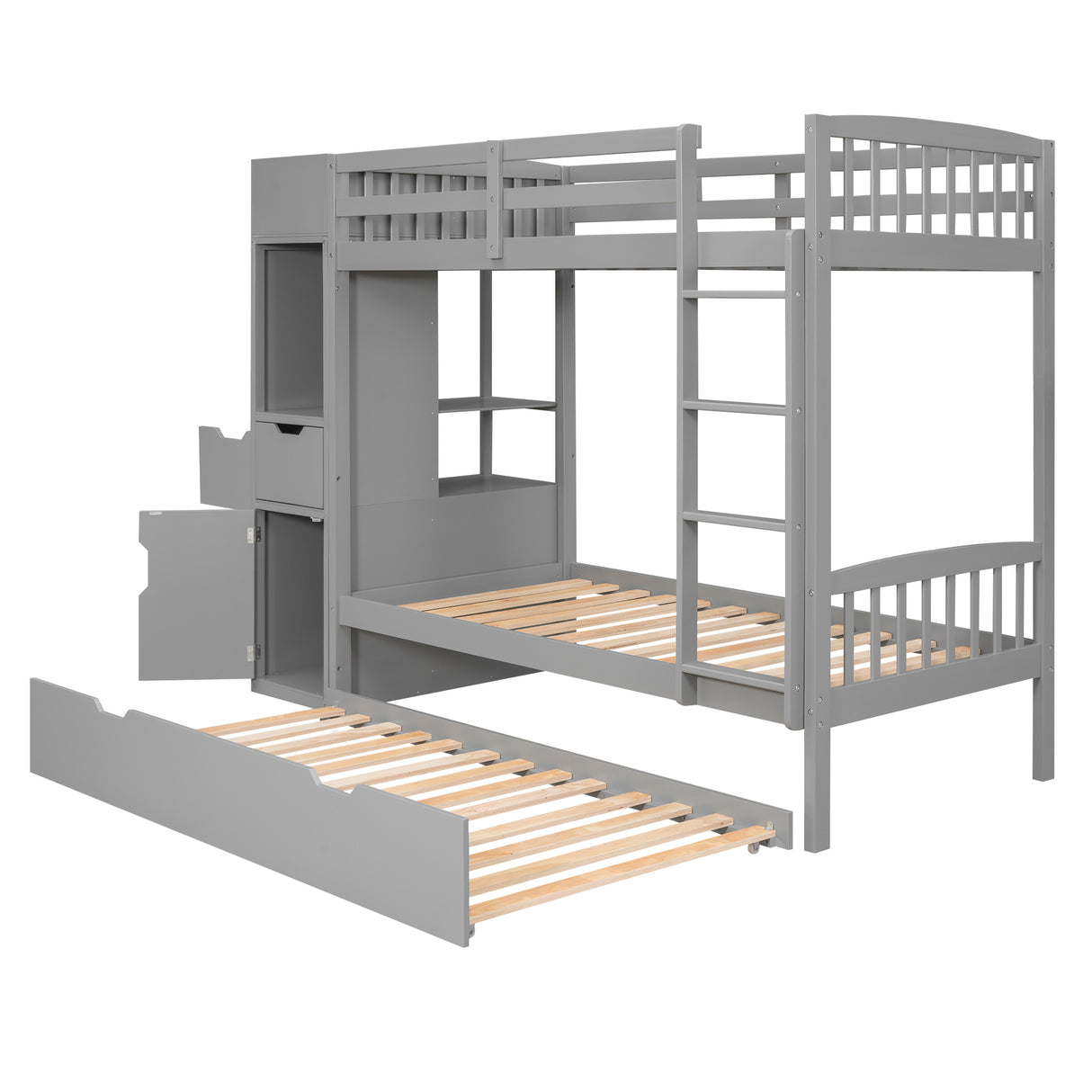 Twin Size Bunk Bed with Trundle and Attached Multifunctional Locker,Gray - Home Elegance USA