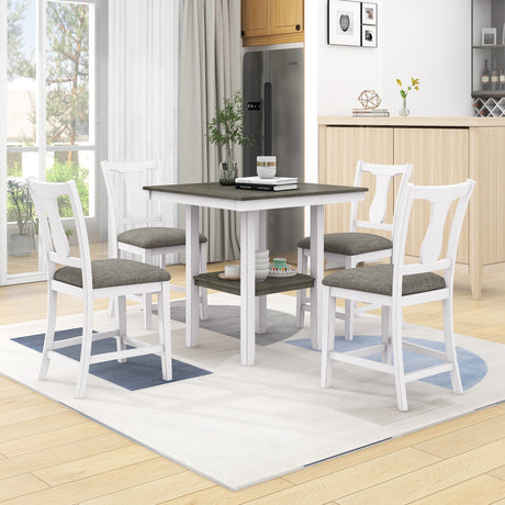 TOPMAX Farmhouse 5-Piece Wood Counter Height Dining Table Set with Storage Shelf, Square Table and 4 Upholstered Chairs for Small Space, Antique White - Home Elegance USA