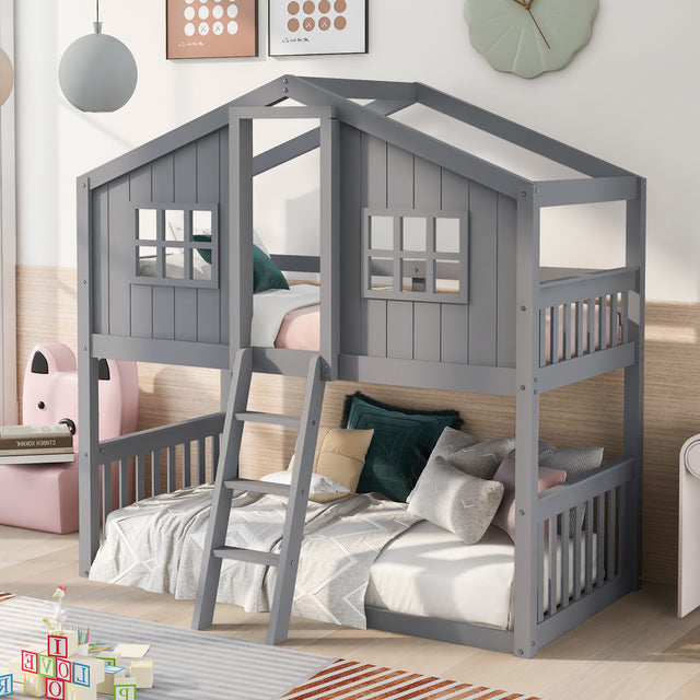 Twin Over Twin House Bunk Bed With Ladder, Wood Bed-Gray - Home Elegance USA