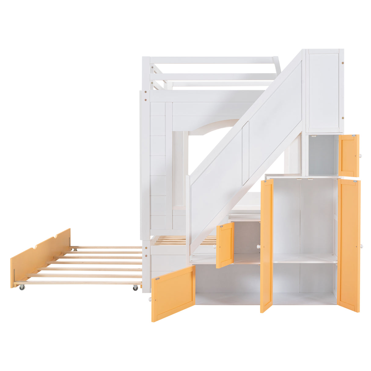 Full Over Full Bunk Bed with Trundle ,Stairs,Ladders Solid Wood Bunk bed with Storage Cabinet （White + Yellow） - Home Elegance USA