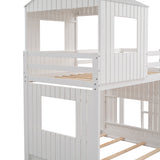 Wooden Twin Over Full Bunk Bed, Loft Bed with Playhouse, Farmhouse, Ladder, Slide and Guardrails, White(OLD SKU :LT000028AAK) - Home Elegance USA