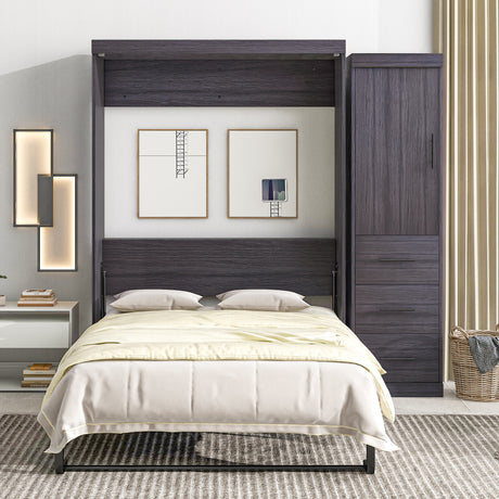 Full Size Murphy Bed with Wardrobe and Drawers, Storage Bed, can be Folded into a Cabinet, Gray - Home Elegance USA