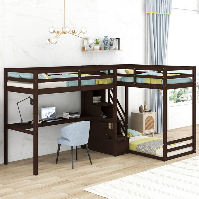 L-Shaped Twin Size Bunk Bed and Loft Bed with Built-in Middle Staircase and Desk,Espresso - Home Elegance USA