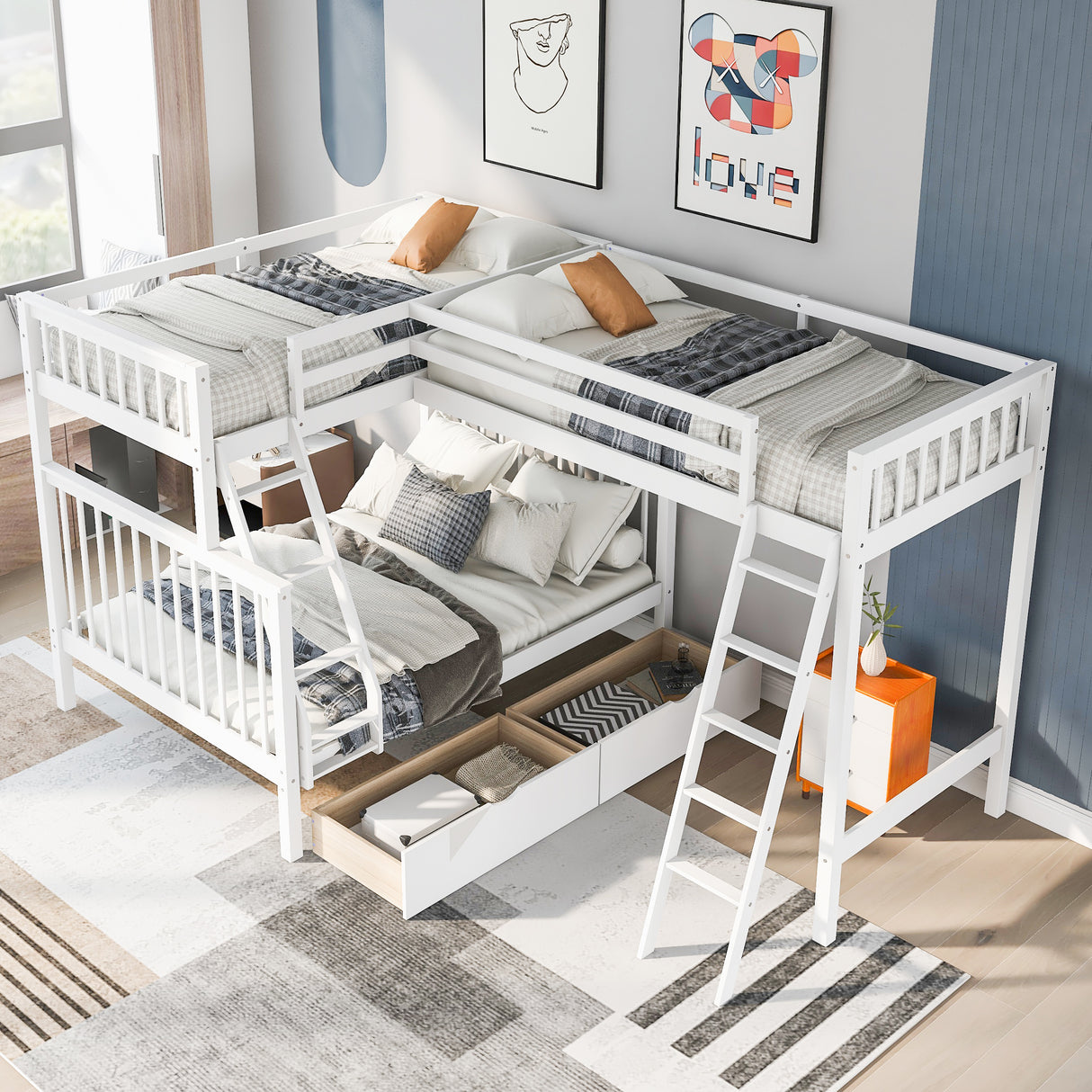 L-Shaped Twin over Full Bunk Bed and Twin Size Loft Bed with Two Storage Drawers,White - Home Elegance USA