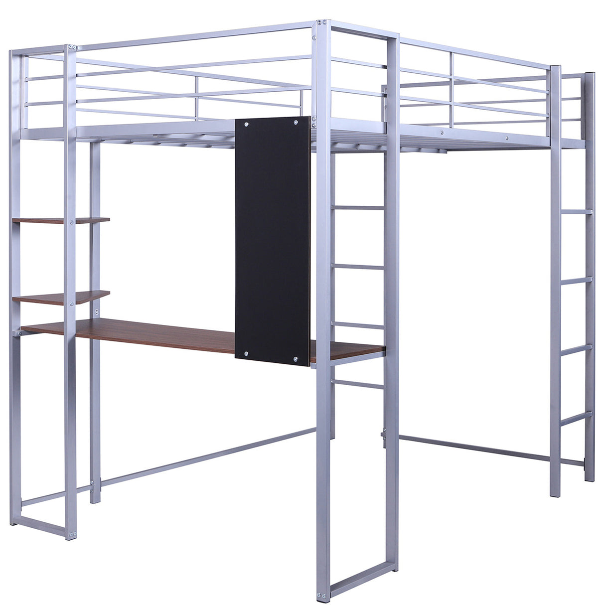 Full Size Metal Loft Bed with 2 Shelves and one Desk ,Silver (Old SKU: LP000091AAN )