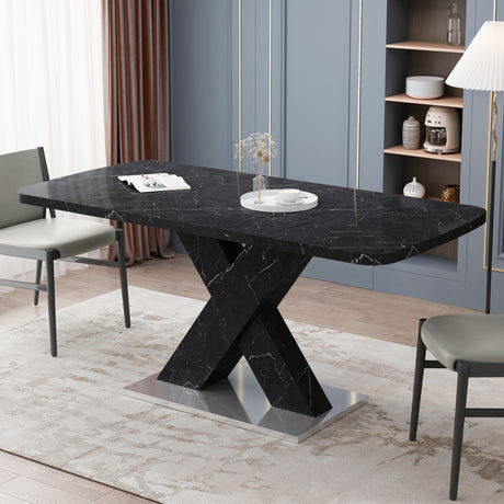 Modern Square Dining Table,Stretchable,Printed Black Marble Table Top+MDF X-Shape Table Leg with Metal Base - Home Elegance USA