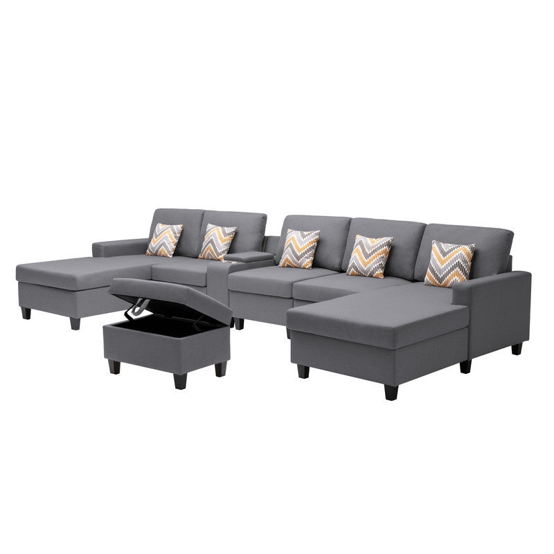 Nolan Gray Linen Fabric 7Pc Double Chaise Sectional Sofa with Interchangeable Legs, Storage Ottoman, Pillows, and a USB, Charging Ports, Cupholders, Storage Console Table - Home Elegance USA