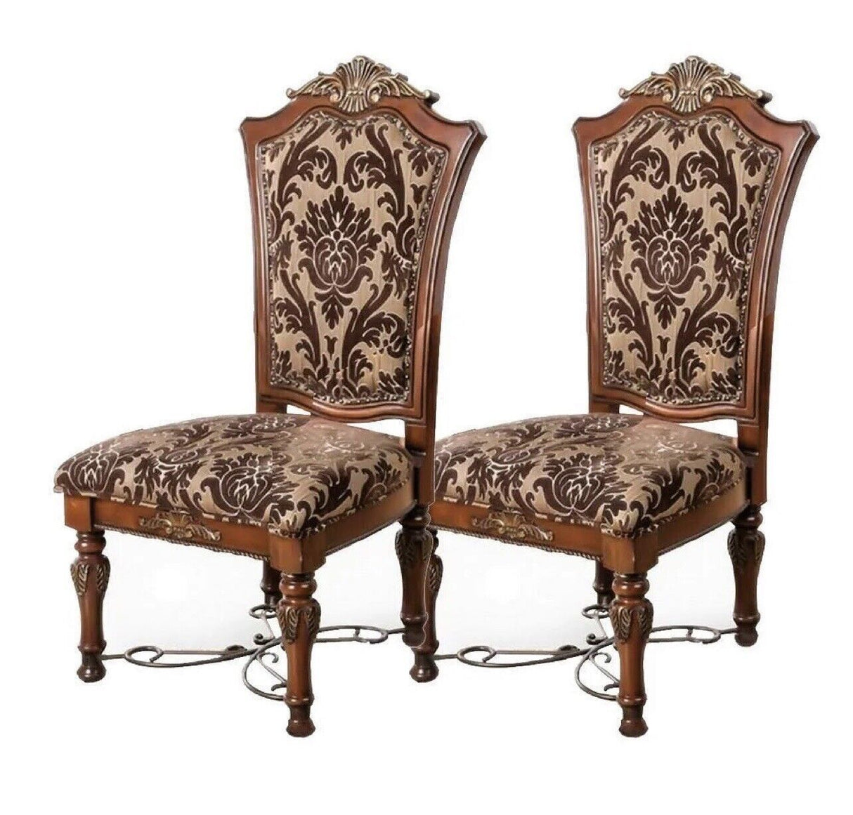 Traditional Fancy Set of 2pcs Side Chairs Brown Cherry Solid wood Intricate Carved Details Floral Design Print Fabric Seats Formal Dining Room Furniture - Home Elegance USA