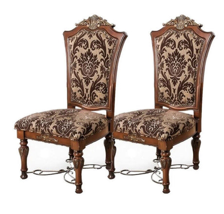 Traditional Fancy Set of 2pcs Side Chairs Brown Cherry Solid wood Intricate Carved Details Floral Design Print Fabric Seats Formal Dining Room Furniture - Home Elegance USA