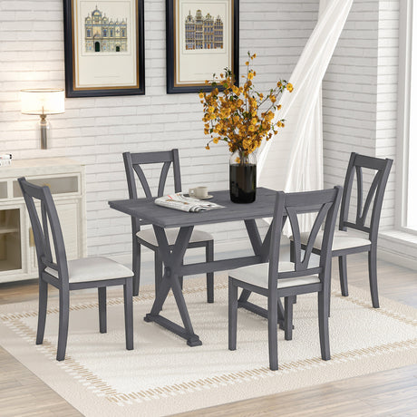 TOPMAX Mid-Century Wood 5-Piece Dining Table Set with 4 Upholstered Dining Chairs for Small Places, Antique Grey - Home Elegance USA