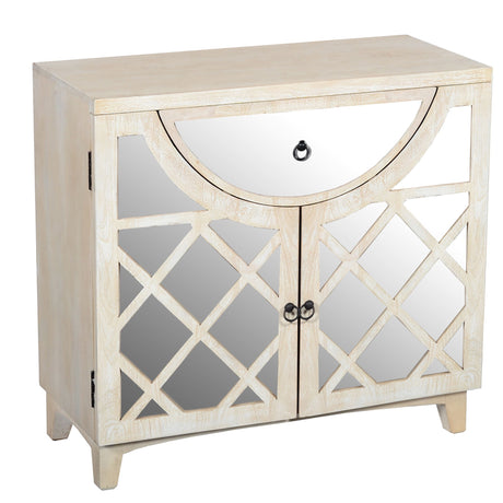 Mango Wood Cabinet with Mirrored look Steel Insert Door Storage, Beige - Home Elegance USA