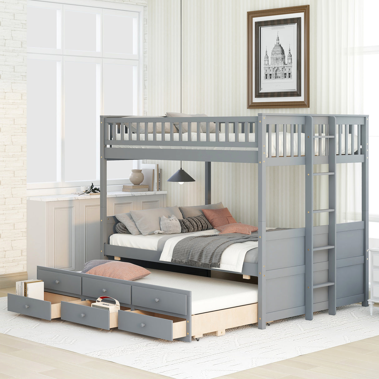 FULL OVER FULL BUNKBED WITH TWIN TRUNDLE AND 3 DRAWERS - Home Elegance USA