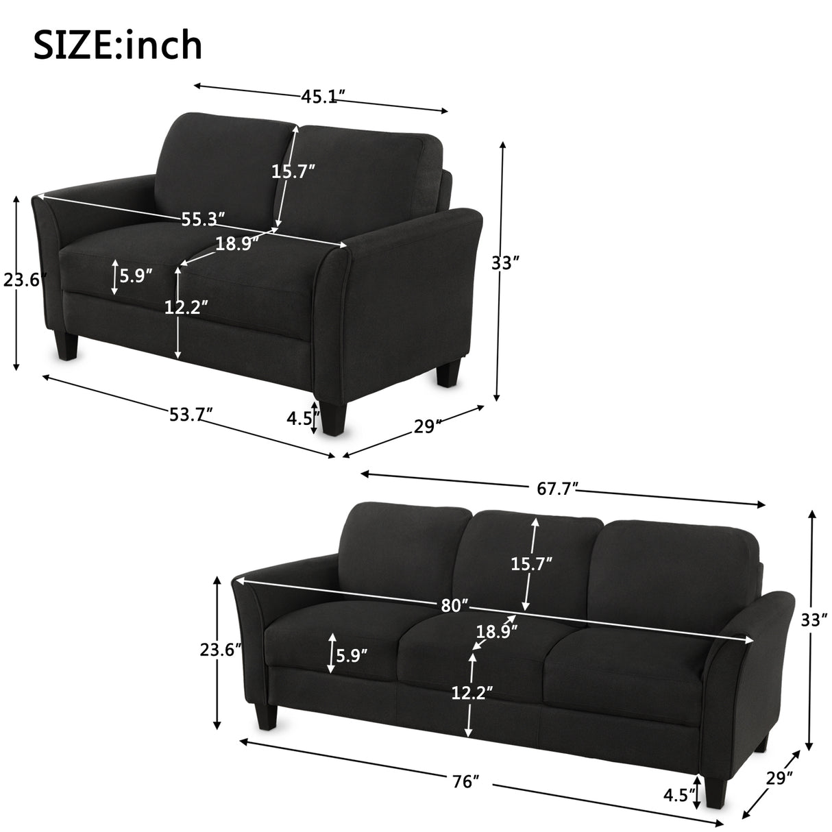 Living Room Furniture Loveseat Sofa and 3-seat  sofa (Black) Home Elegance USA