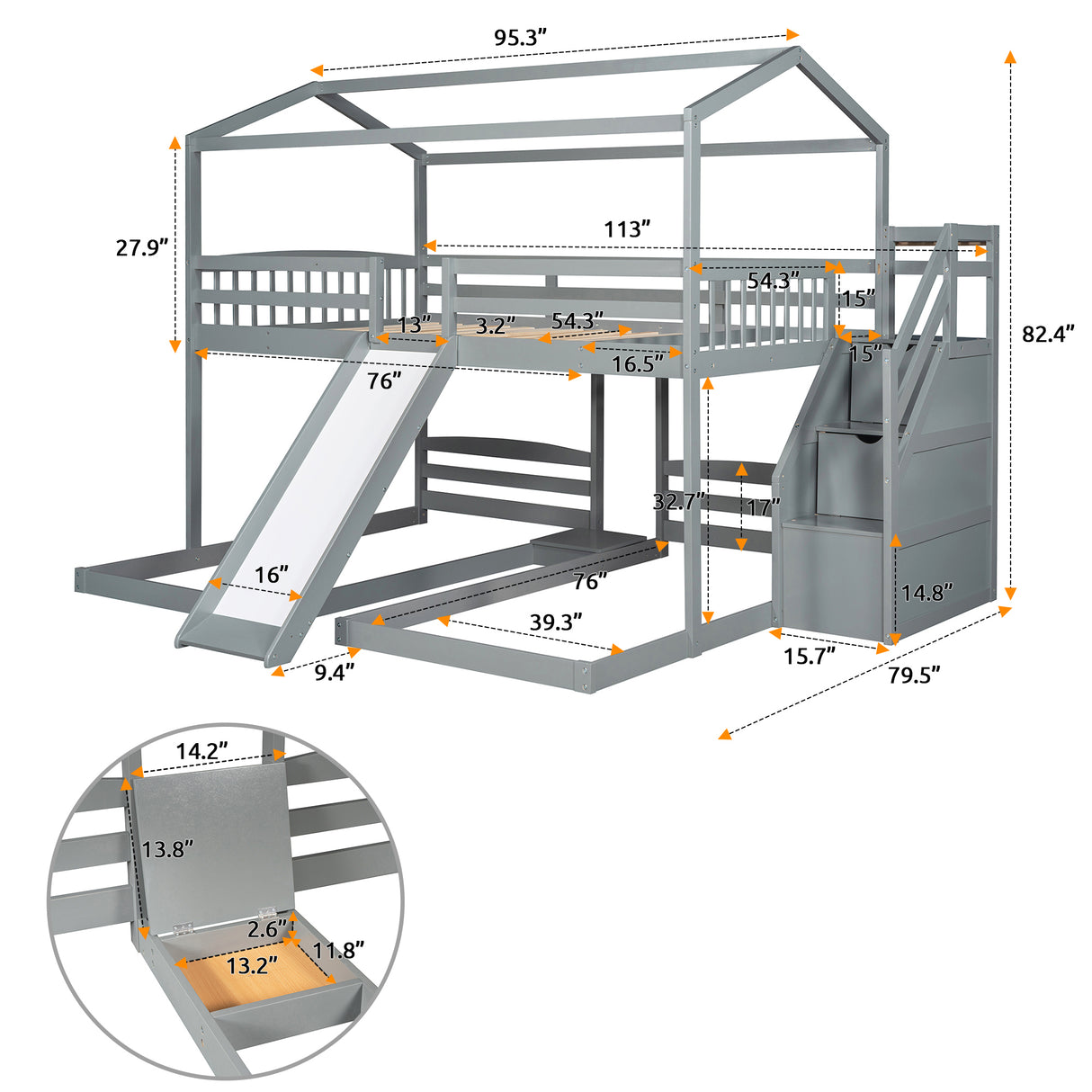 Full over Twin & Twin Bunk Bed,with Slide and Storage Staircase,Built-in Drawer and Shelf,Gray - Home Elegance USA