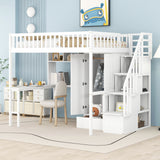 Full size Loft Bed with Bookshelf,Drawers,Desk,and Wardrobe-White - Home Elegance USA