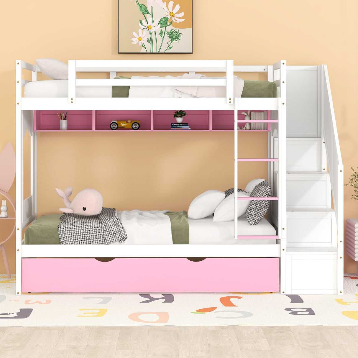 Twin Over Twin Bunk Bed with Trundle ,Stairs,Ladders Solid Wood Bunk bed with Storage Cabinet （White + Pink） - Home Elegance USA