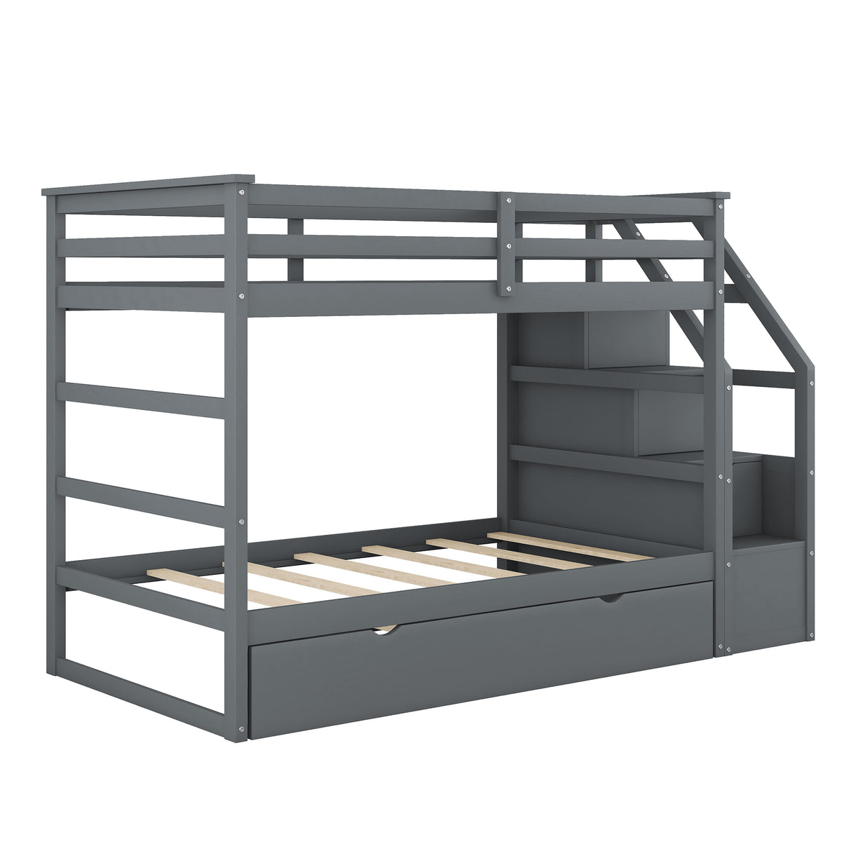 Twin-Over-Twin Bunk Bed with Twin Size Trundle and 3 Storage Stairs,Gray (OLD SKU :LP000064AAE) - Home Elegance USA