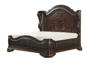 Royal Highlands Queen Bed in Dark Cherry with Brown Faux Leather – Homelegance 1603-1