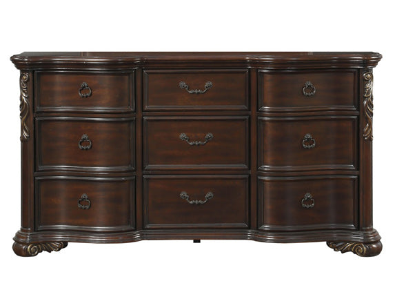Royal Highlands 9-drawer dresser in dark cherry finish with bronze ring pulls and carved serpentine design. Dimensions 72W × 20D × 39H. Includes assembly hardware.