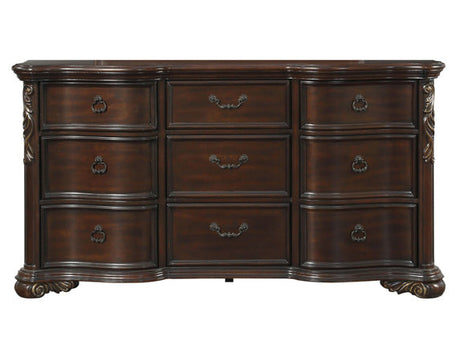 Royal Highlands 9-drawer dresser in dark cherry finish with bronze ring pulls and carved serpentine design. Dimensions 72W × 20D × 39H. Includes assembly hardware.