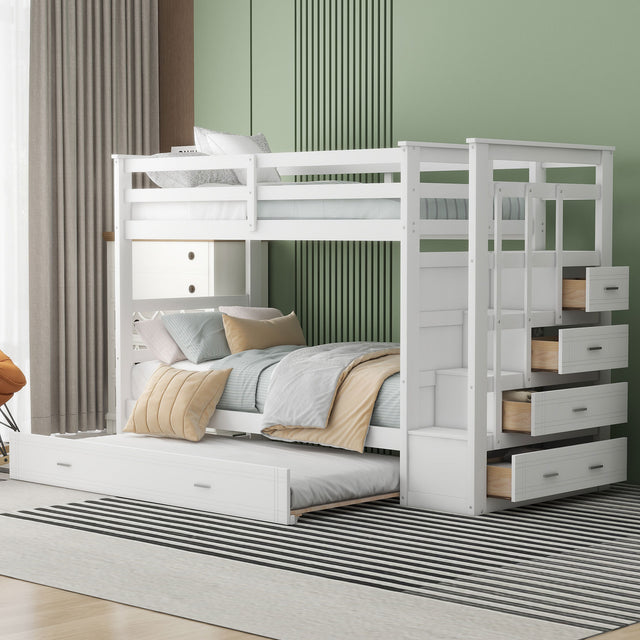 Twin Over Twin Bunk Bed with Trundle and Staircase,White(OLD SKU:LT000068AAK) - Home Elegance USA