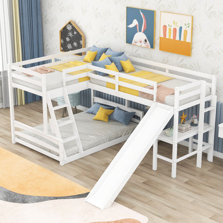 Twin over Full Bunk Bed with Twin Size Loft Bed with Desk and Slide,Full-Length Guardrail, White - Home Elegance USA