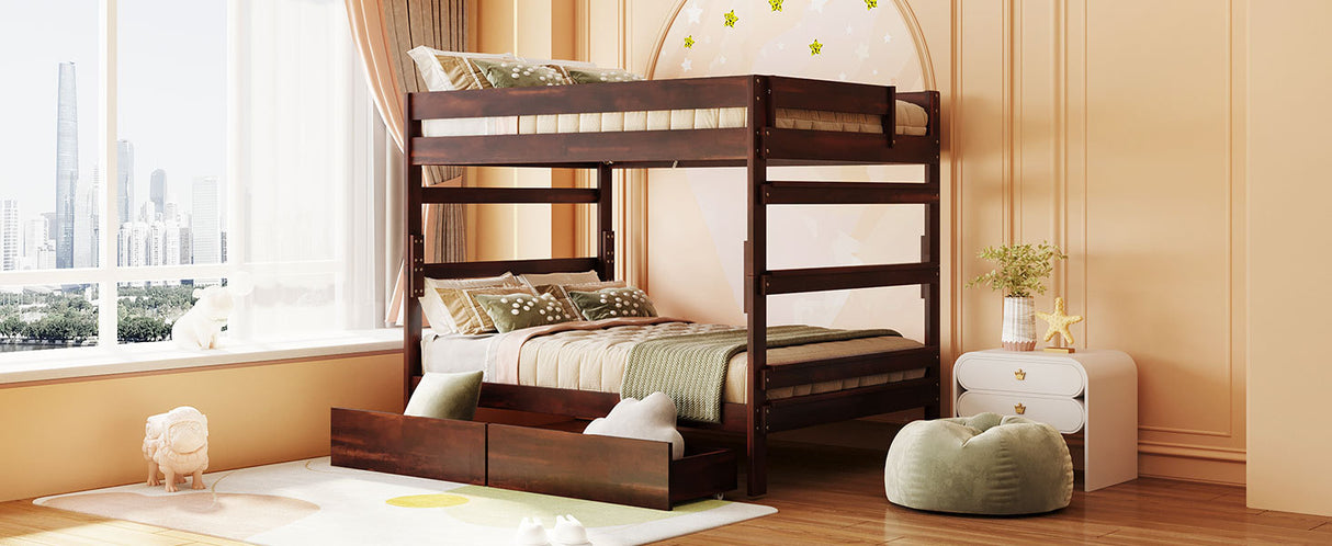 Full over Full Wood Bunk Bed with 2 Drawers, Espresso - Home Elegance USA