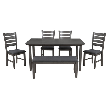 TREXM Dining Room Table and Chairs with Bench, Rustic Wood Dining Set, Set of 6 (Gray) - Home Elegance USA