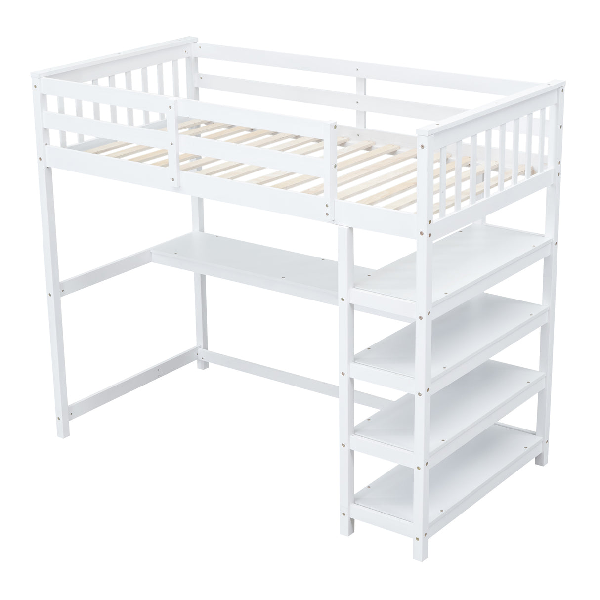 Twin Size Loft Bed with Storage Shelves and Under-bed Desk, White - Home Elegance USA