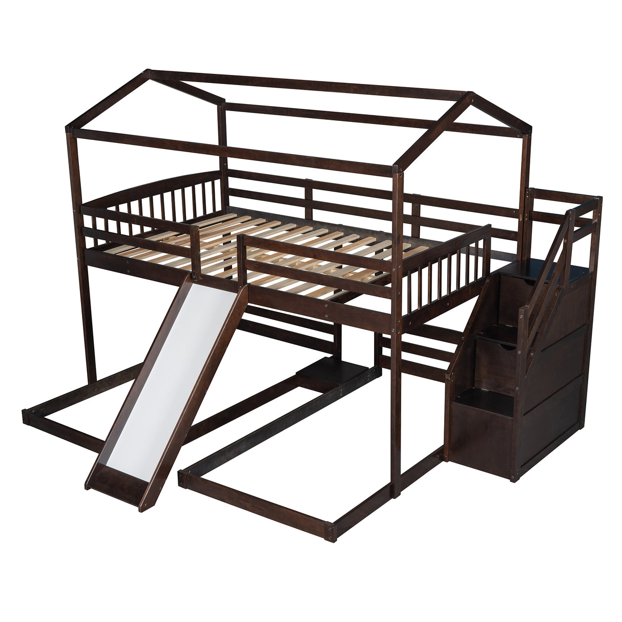 Full over Twin & Twin Bunk Bed,with Slide and Storage Staircase,Built-in Drawer and Shelf,Espresso - Home Elegance USA