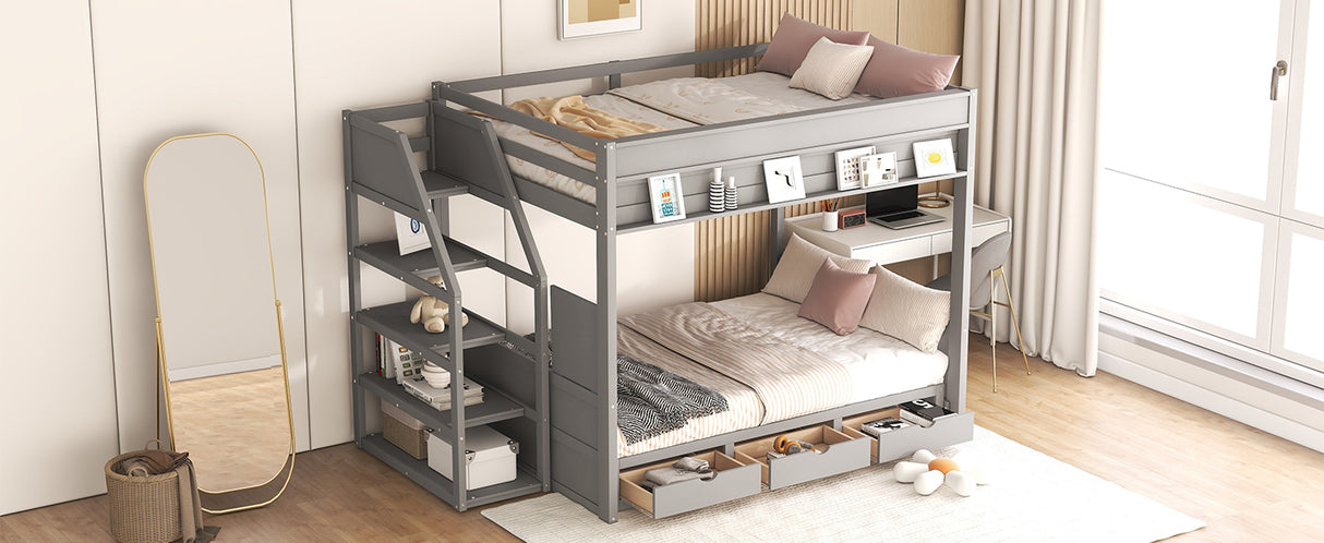 Wood Full Size Convertible Bunk Bed with Storage Staircase, Bedside Table, and 3 Drawers, Gray - Home Elegance USA