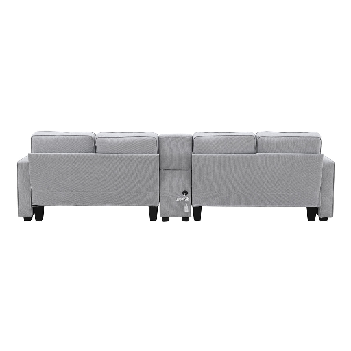 [VIDEO provided] [New] 114.2" Upholstered Sofa with Console, 2 Cupholders and 2 USB Ports Wired or Wirelessly Charged, Modern Linen Fabric Couches with 4 Pillows for Living Room, Apartment (4-Seat) Home Elegance USA