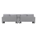 [VIDEO provided] [New] 114.2" Upholstered Sofa with Console, 2 Cupholders and 2 USB Ports Wired or Wirelessly Charged, Modern Linen Fabric Couches with 4 Pillows for Living Room, Apartment (4-Seat) Home Elegance USA