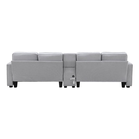 [VIDEO provided] [New] 114.2" Upholstered Sofa with Console, 2 Cupholders and 2 USB Ports Wired or Wirelessly Charged, Modern Linen Fabric Couches with 4 Pillows for Living Room, Apartment (4-Seat) Home Elegance USA