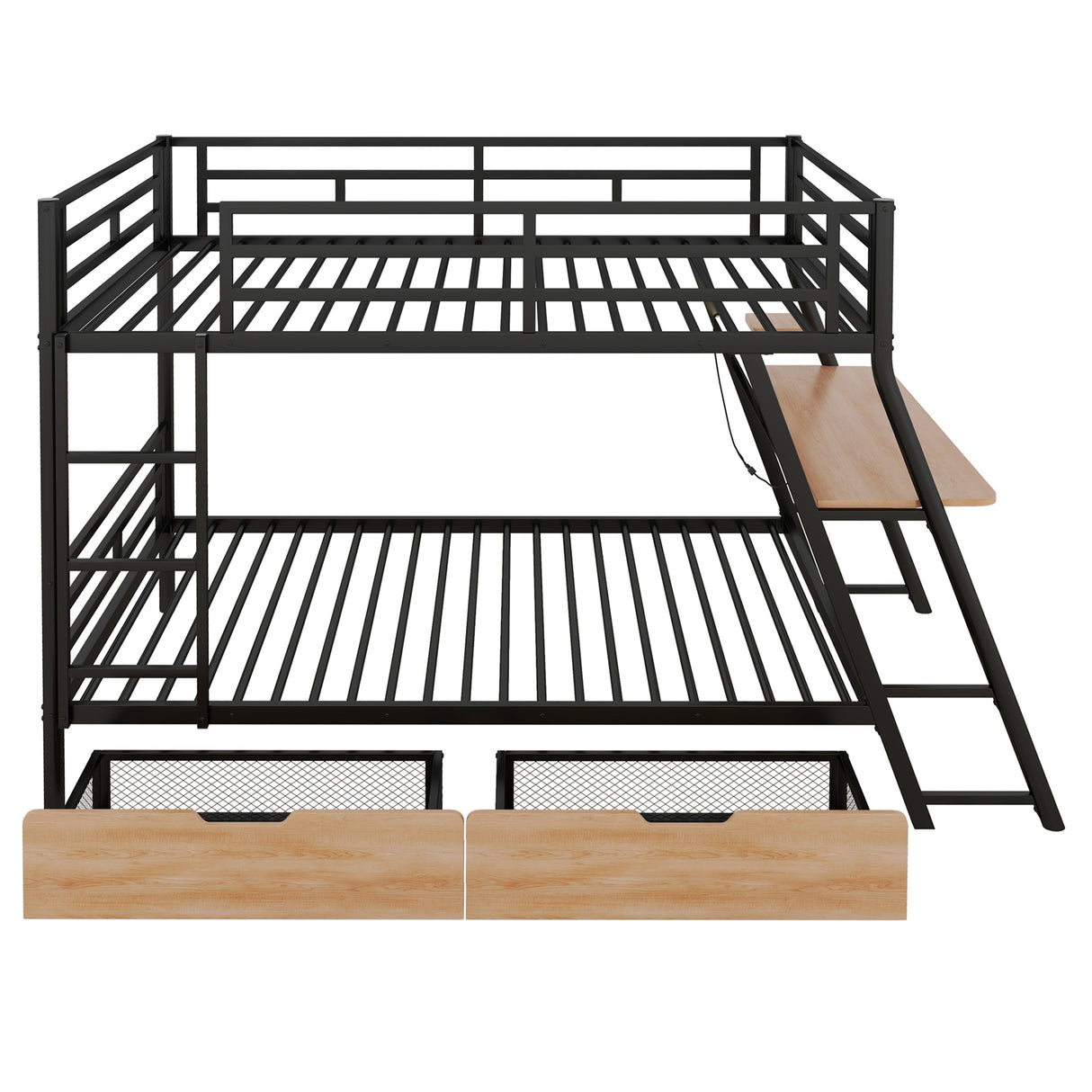 Full Size Metal Bunk Bed with Built-in Desk, Light and 2 Drawers, Black(Expected Arrival Time: 9.18)