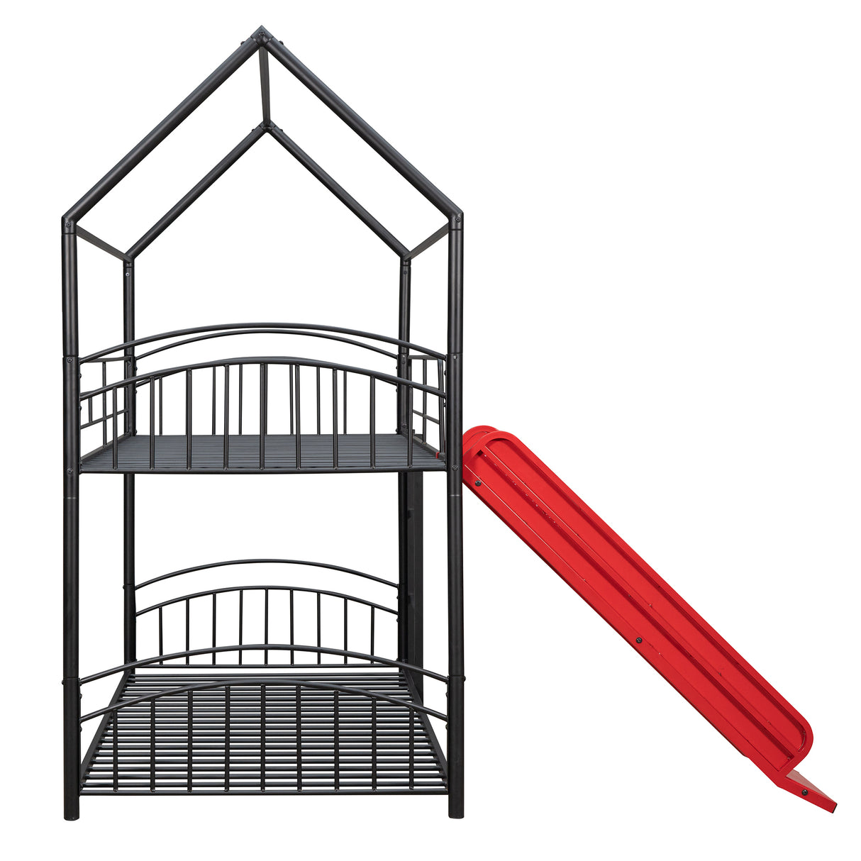 Twin Over Twin Metal Bunk Bed With Slide,Kids House Bed Black+Red - Home Elegance USA