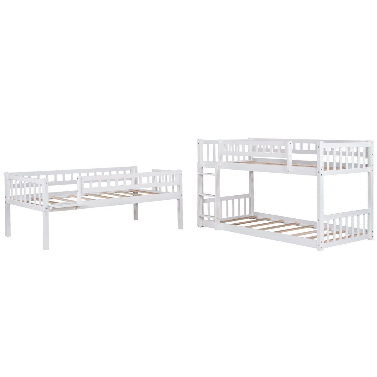 Twin-Over-Twin-Over-Twin Triple Bed with Built-in Ladder and Slide , Triple Bunk Bed with Guardrails, White - Home Elegance USA