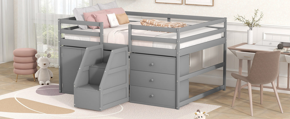Full Size Functional Loft Bed with Cabinets and Drawers, Hanging Clothes at the back of the Staircase, Gray - Home Elegance USA