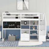 Twin Size Loft Bed with Pullable Desk and Storage Shelves,Staircase and Blackboard,White - Home Elegance USA