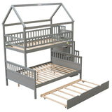 Twin over Full Size House Bunk Bed with Storage Staircase and Trundle,Full-Length Guardrail,Gray - Home Elegance USA