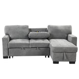 Stylish and Functional Light Chaise Lounge Sectional with Storage Rack Pull-out Bed Drop Down Table  and USB Charger Gray - Home Elegance USA