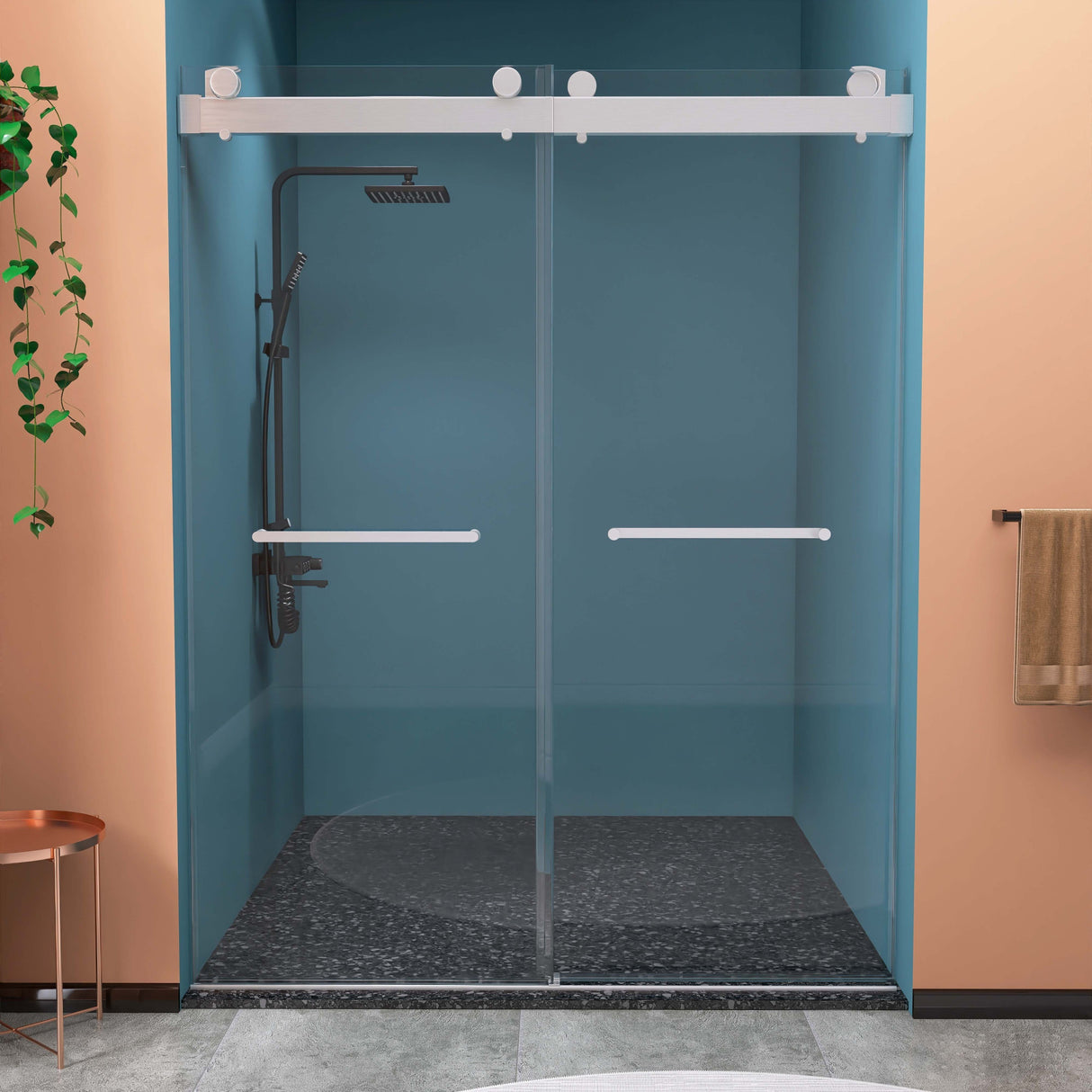 Frameless Double Sliding Shower, 57" - 60" Width, 79" Height, 3/8" (10 mm) Clear Tempered Glass, , Designed for Smooth Door with Clear Tempered Glass and Stainless Steel Hardware Brushed Nickel